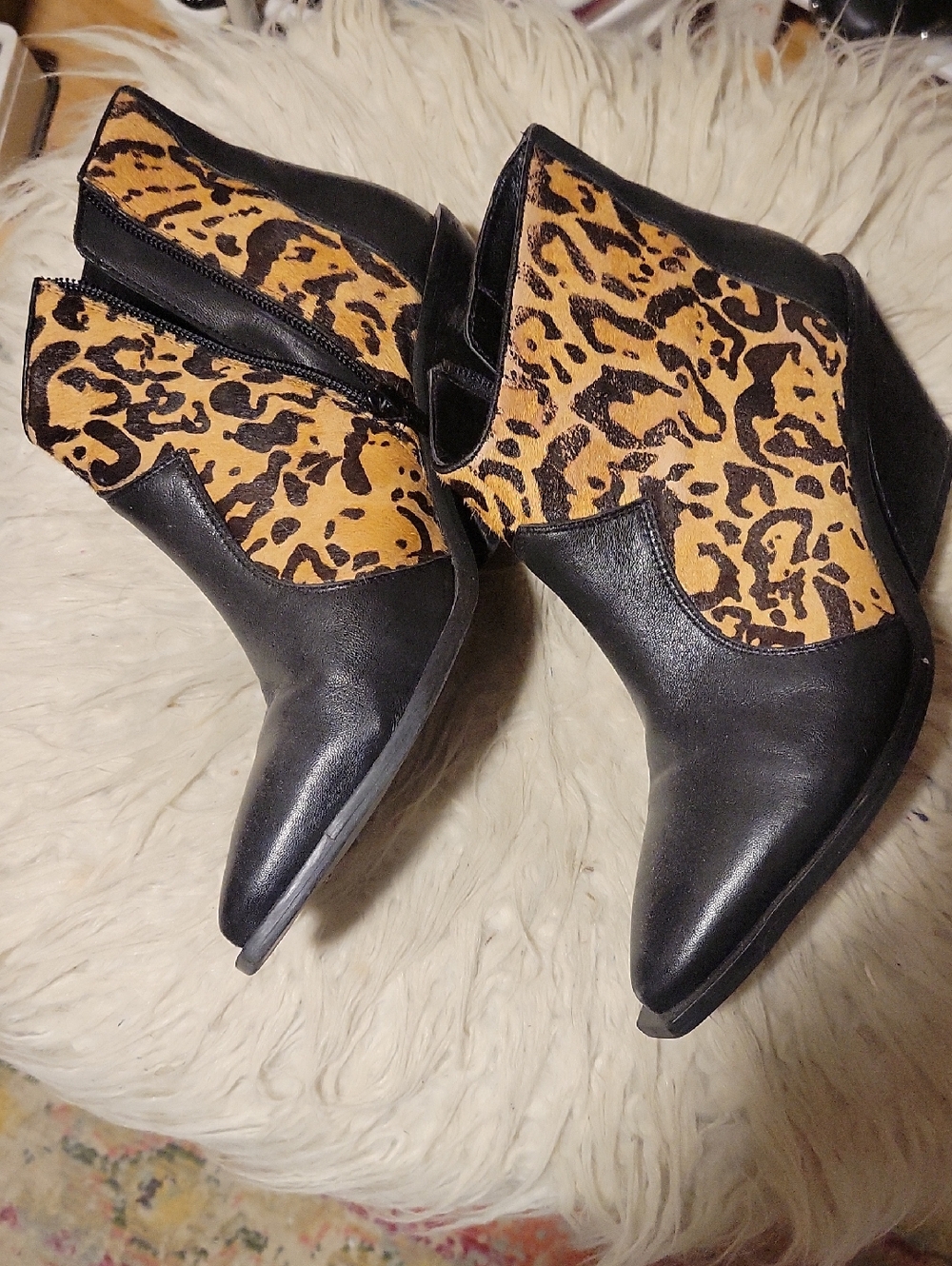 Free People Black Leather Ankle Boots with Leopard-Print Panels